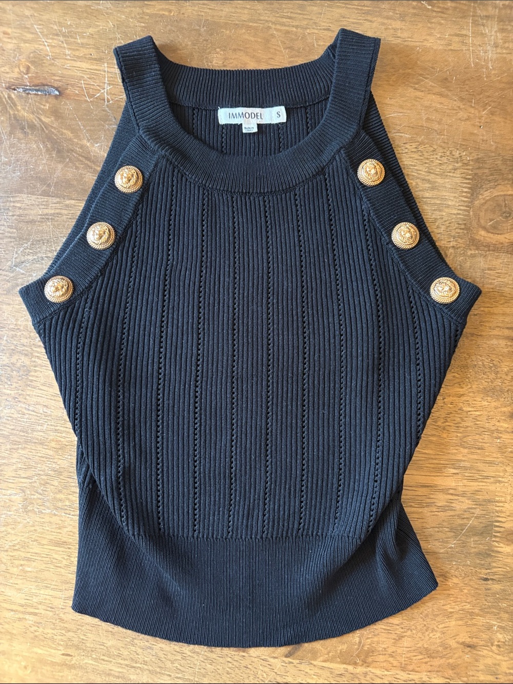 IMMODOEL Black Ribbed Tank with Gold Button Detail